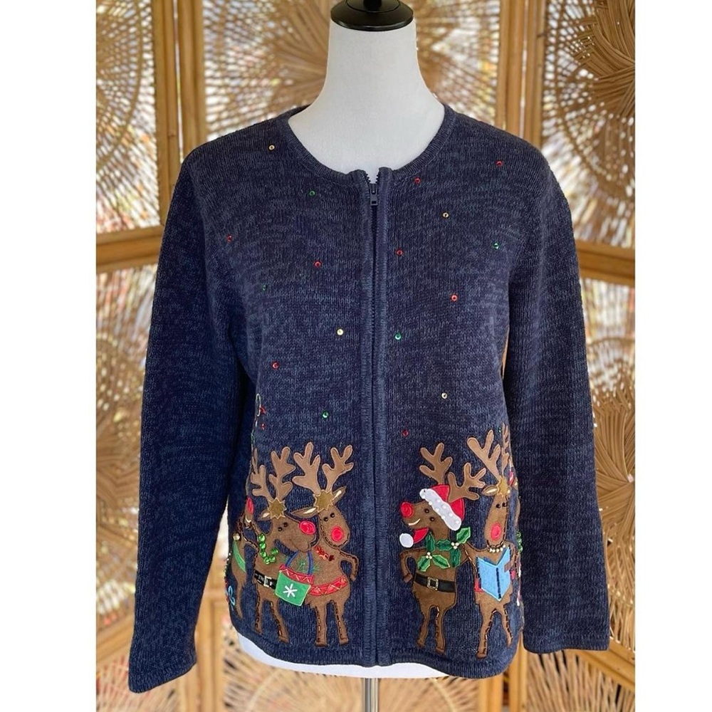 Vintage Tiara International Christmas Blue Knit Embroidered Reindeer Cardigan - Picture 7 of 7